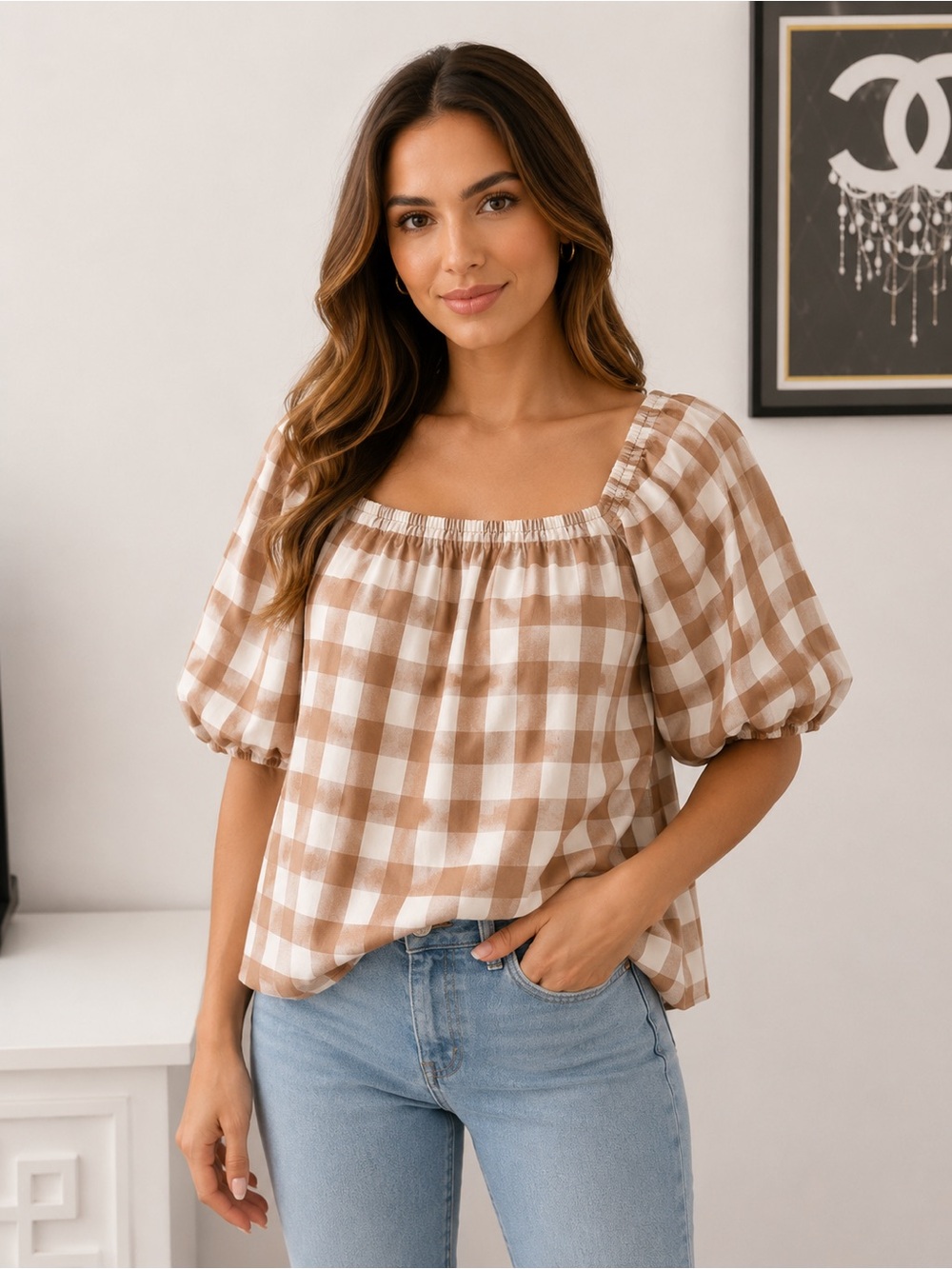 Gingham Square-Neck Puff Sleeve Blouse - Beige/White